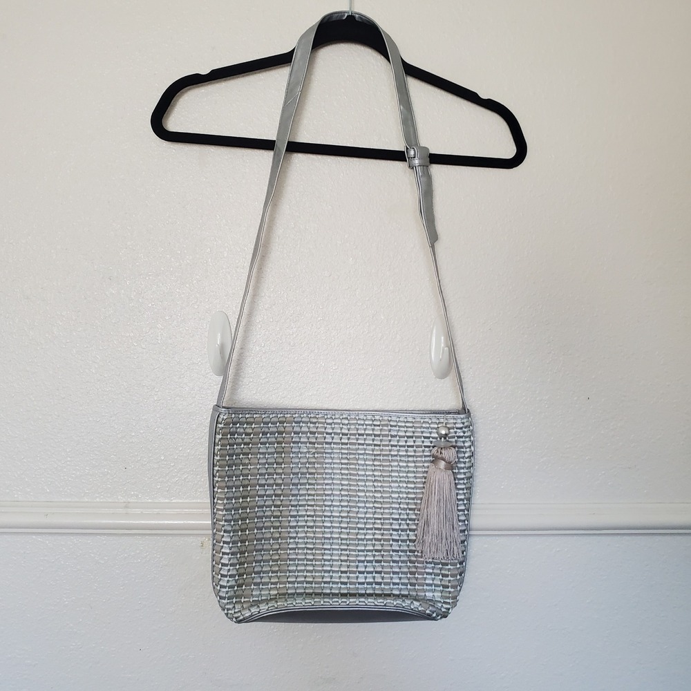 Ganson San Francisco Metallic Silver Woven Crossbody Bag with Tassel Detail